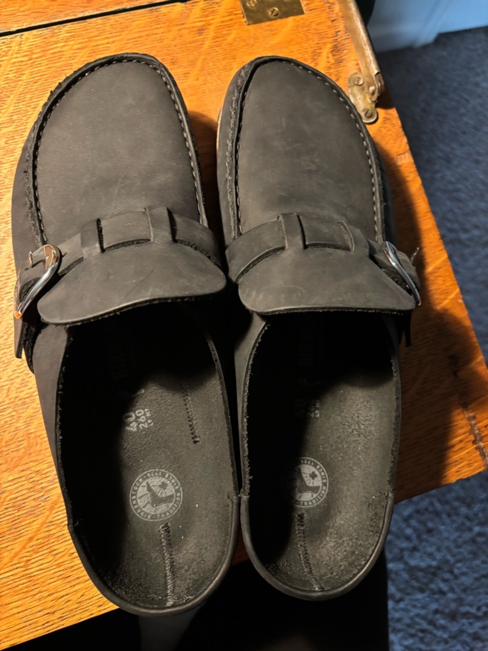 Birkenstock Black Nubuck Buckle Mules
